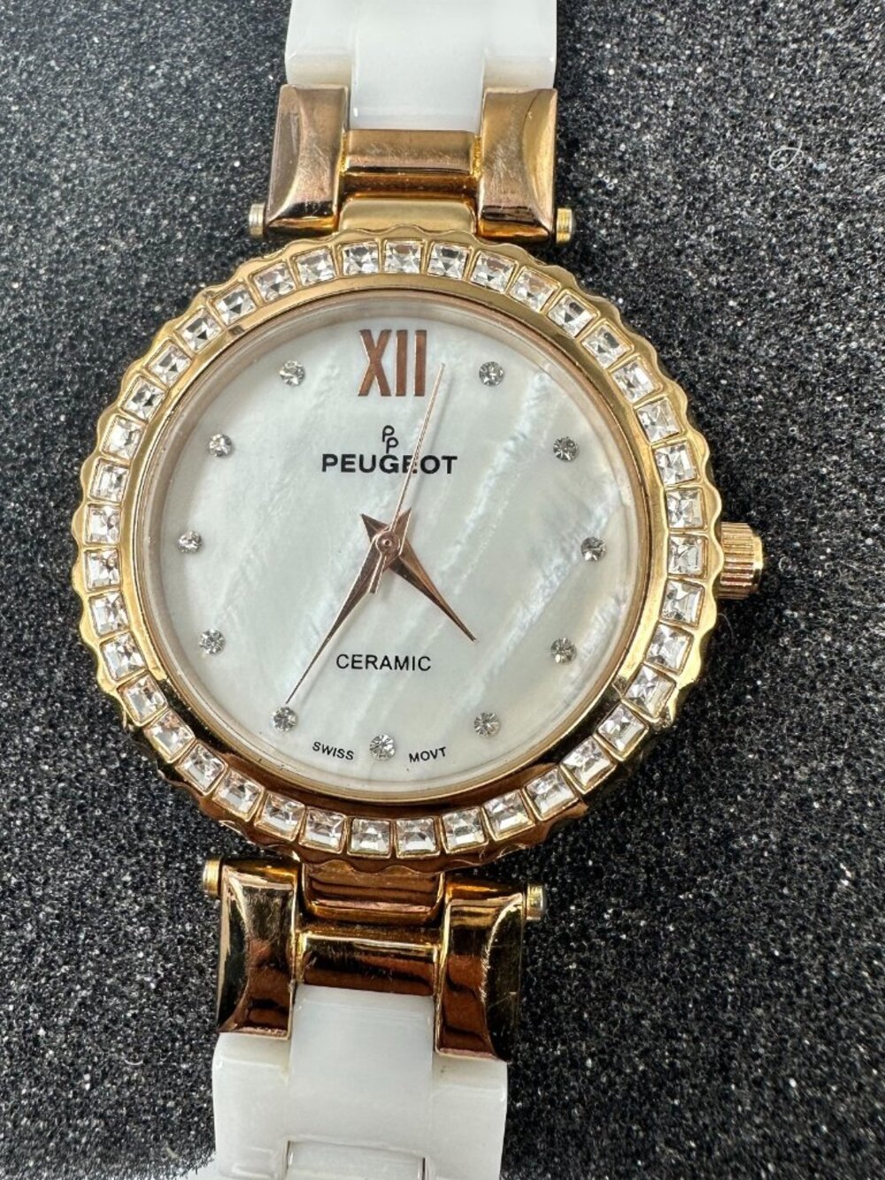 Peugeot Watch Women Rose Gold Tone White Ceramic Band New Battery 7.25"